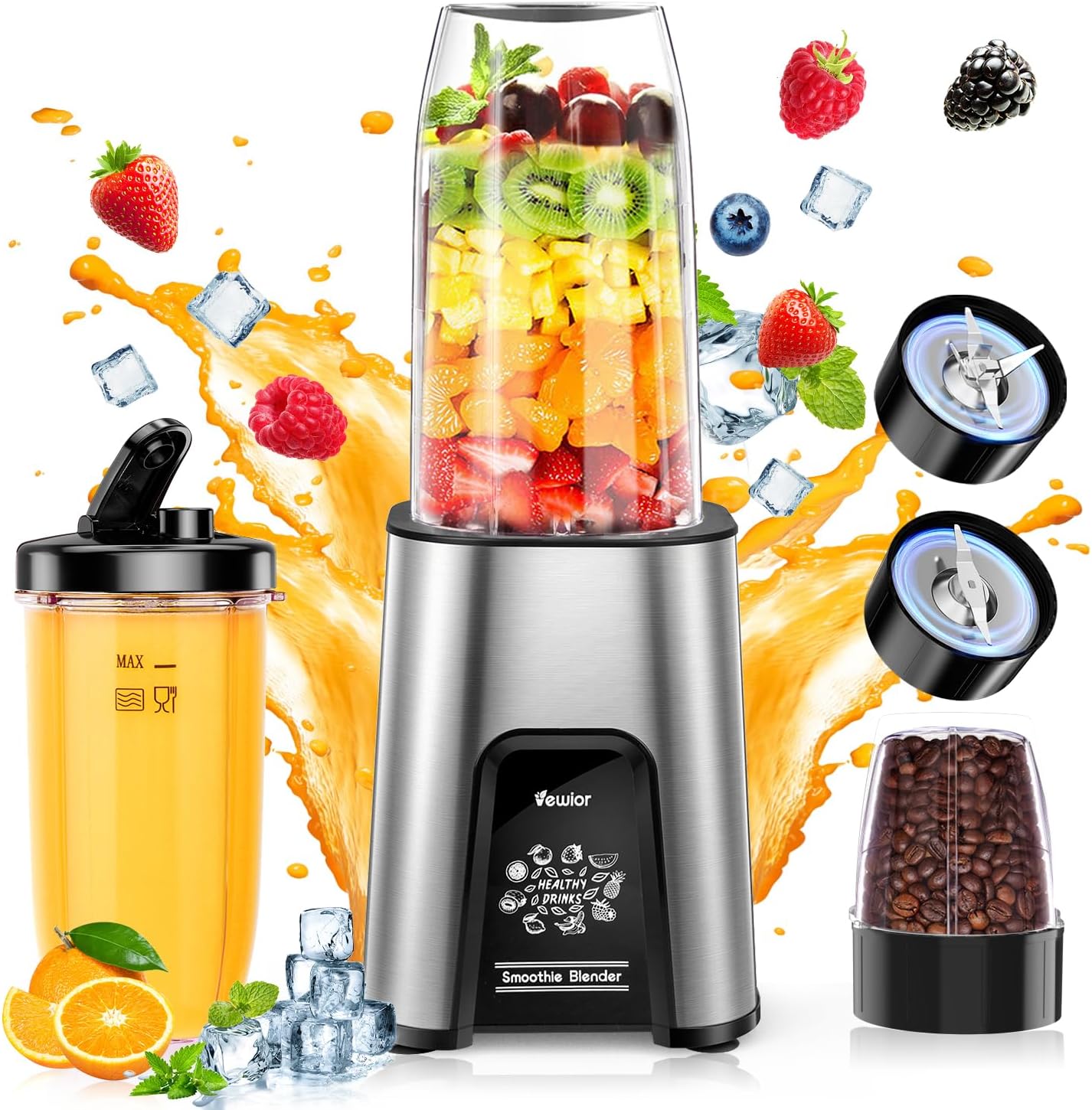 ジューサー ミキサー【1台多役・850W ハイパワー ·6in1&650ML大容量】VEWIOR 氷も砕ける スムージー/野菜/果物/ジュース/コーヒーミル/離乳食用/ミルクセーキ 二つボトル 650ml*1+300ml*1大容量 6枚刃25000r/min 高速回転 コンパクト おしゃれ プレゼント 水洗い可能 過熱保護 ギフト キッチン/アウトドア/旅行/出張/ジム/オフィス (シルバー)