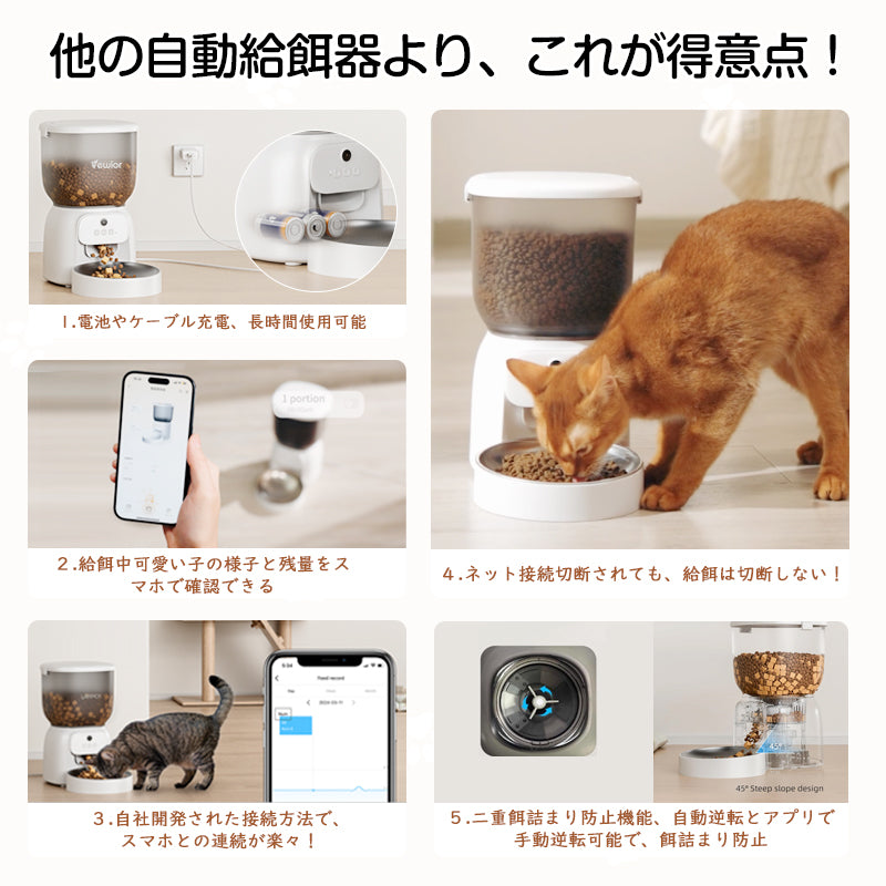 自動給餌器 自動餌やり機 猫 犬 スマホ遠隔 見守りカメラ付き 洗える 定時定量 3L 大容量 透明タイプ 手動可 2WAY給電 乾燥剤 10秒録音 1日5食 一人暮らし 停電対策 ステンレス皿 自動餌やり器 定時定量 水洗い可能 取り外し可能 多頭飼い