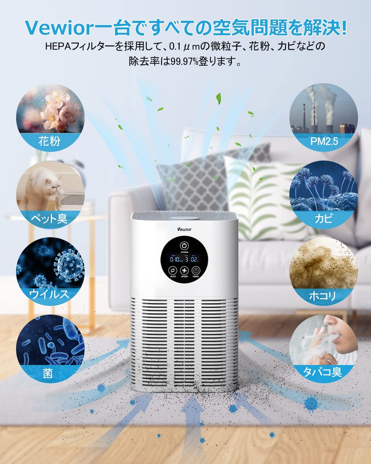 4段階調整 卓上空気清浄機 高性能HEPAフィルター搭載 育ち 